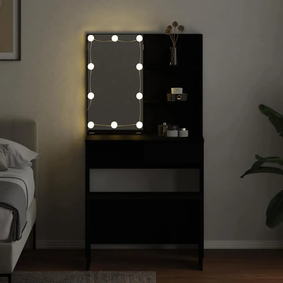 vidaXL LED Make-up Tafel Set 2 st Zwart Eiken 74,5 x 40 x 141 cm, foto 3