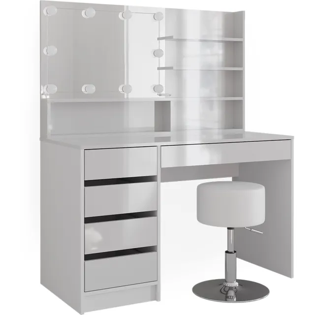 Vicco Kaptafel set met kruk Sherry, Wit, 120 cm met spiegelrek en LED-lichtslinger