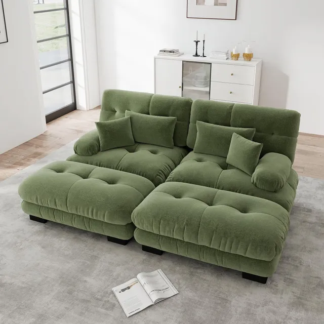 KOMHTOM Cloud hoekbank voor de woonkamer, tweezitsbank van chenille met 2 rugkussens en 2 sierkussens, gestoffeerde bank met brede armleuningen en 2 chaise longues, groene chenille