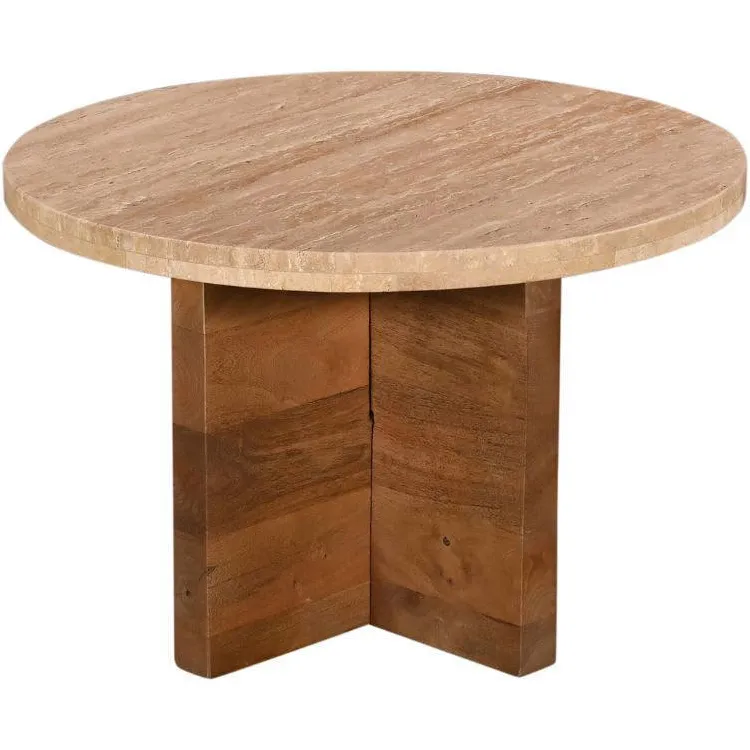 Giga Meubel Salontafel Leno Rond - Travertin/Hout - Naturel - Set van 2, foto 4
