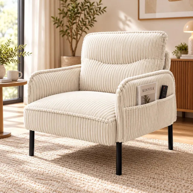 MODENUIT Fauteuil 69 x 73 x 83 cm - Hoge Rugleuning en Zijvakken - Woonkamer en Slaapkamer - Ribstof - Beige