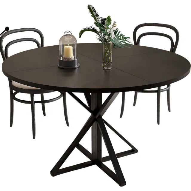 Happiq Ronde eettafel - Houten blad, stevig metalen voet, landelijke stijl - voor 4 personen eetkamer, keuken, woonkamer - 119 cm, zwart Black