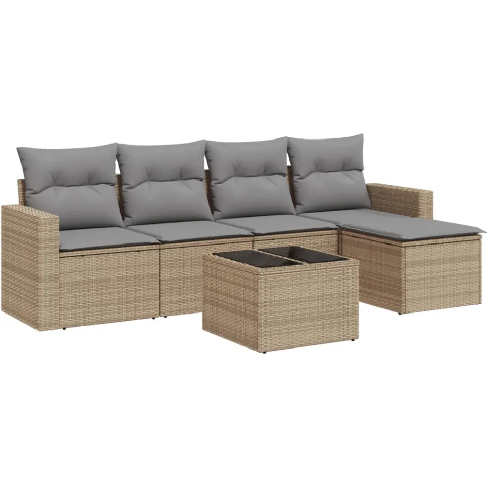 vidaXL 6-delige Loungeset met kussens poly rattan beige, foto 3