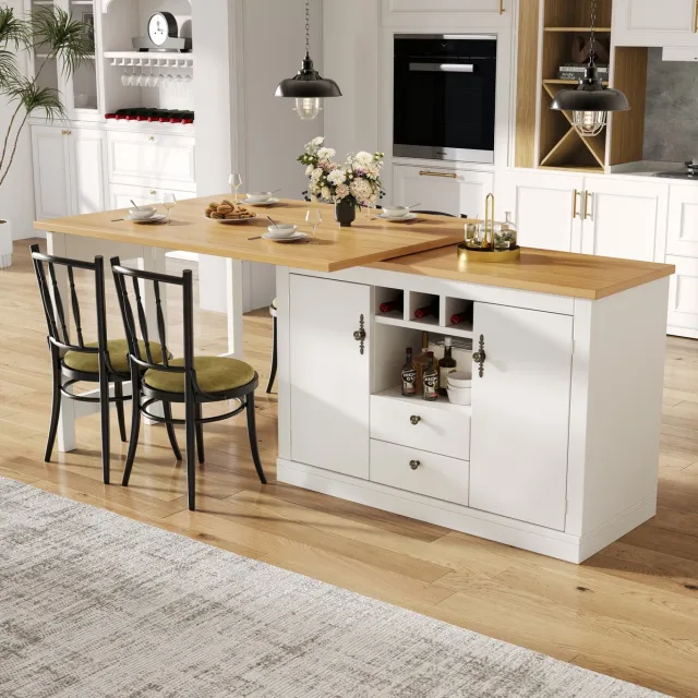 WUVRIE Uitschuifbare bartafel 120-180 cm - Met wijnrek en verstelbare vakken - Wit/naturel