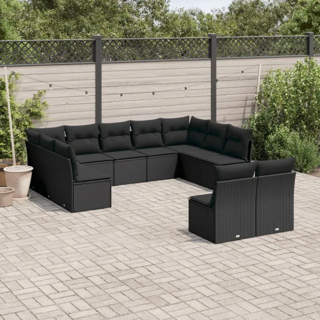 vidaXL 11-delige Loungeset met kussens poly rattan zwart, foto 2