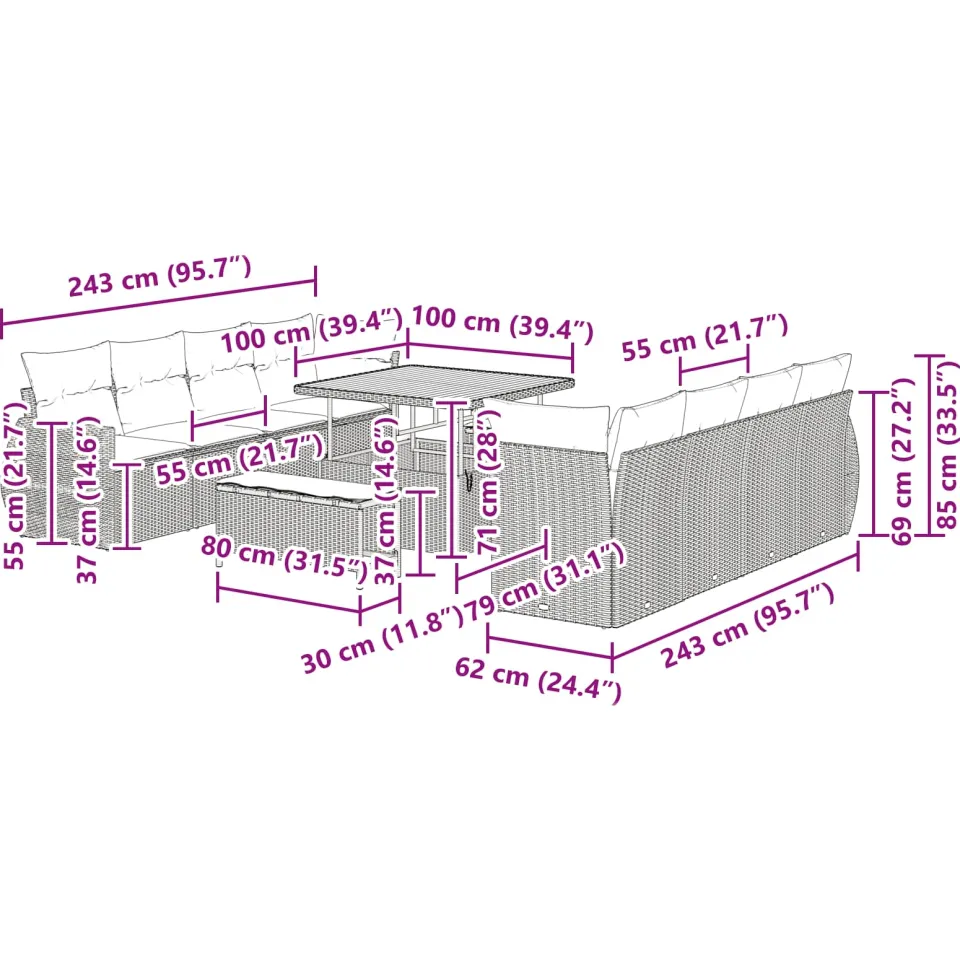 vidaXL Tuin Sofa Set 11 st Zwart poly rattan, foto 2