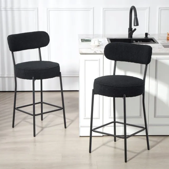 OKWISH Barkruk Set van 2 – Met Rugleuning, Fleece Beklede Zitting & Voetsteun – Modern Minimalistisch Design Voor Keuken Eiland En Bar – Metaal – Zwart