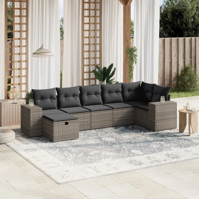vidaXL 7-delige Loungeset met kussens poly rattan grijs, foto 2