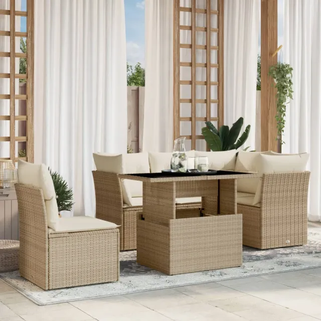 vidaXL 6-delige Loungeset met kussens poly rattan beige, foto 2