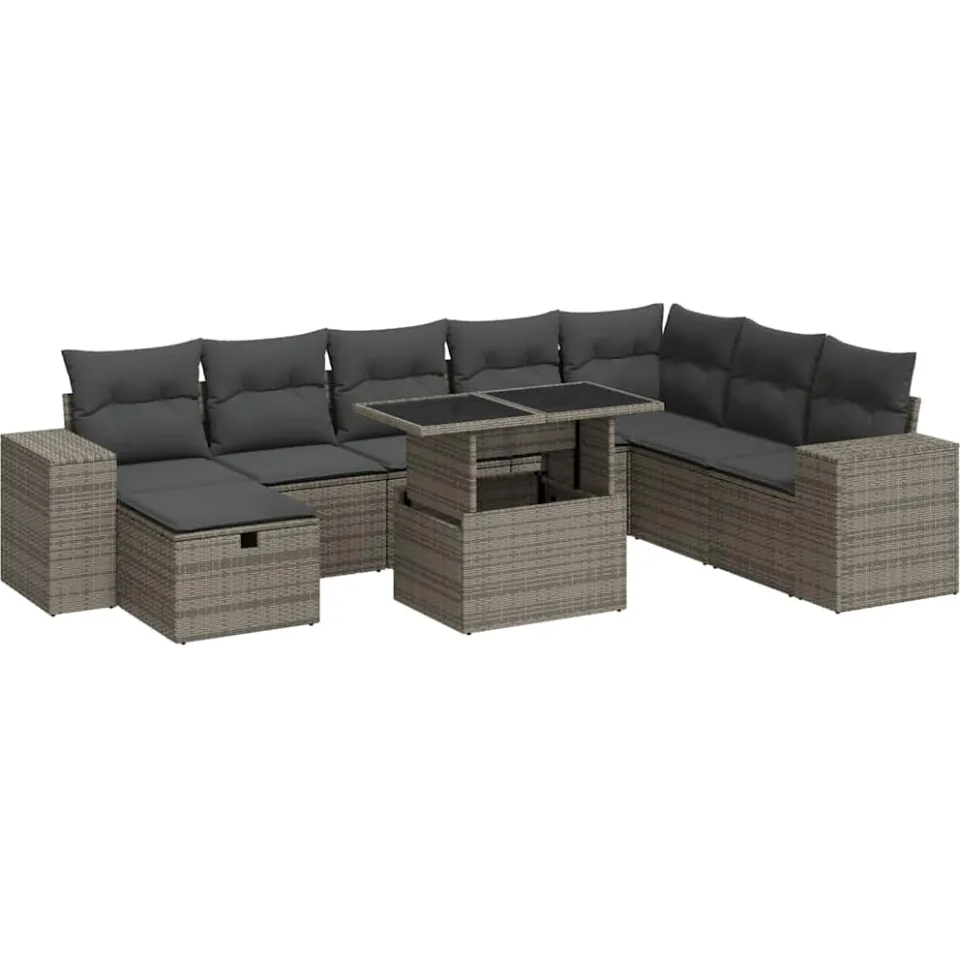 vidaXL 9-delige Loungeset met kussens poly rattan grijs, foto 3