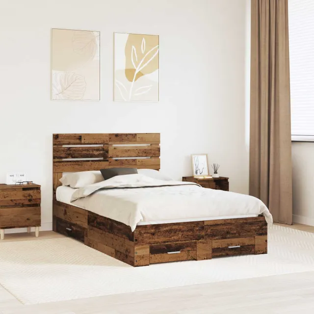 vidaXL Bedframe met lade met opslag Oudhout 120 x 190 cm Bewerkt hout Bruin