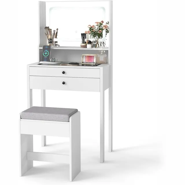 Costway Make-up tafel met gevoerde kruk, Cosmetica tafel met stopcontacten & 3-kleuren LED-spiegel, Kaptafel met glazen plaat, open plank & 2 laden (64 x 40 x 132 cm, Wit)