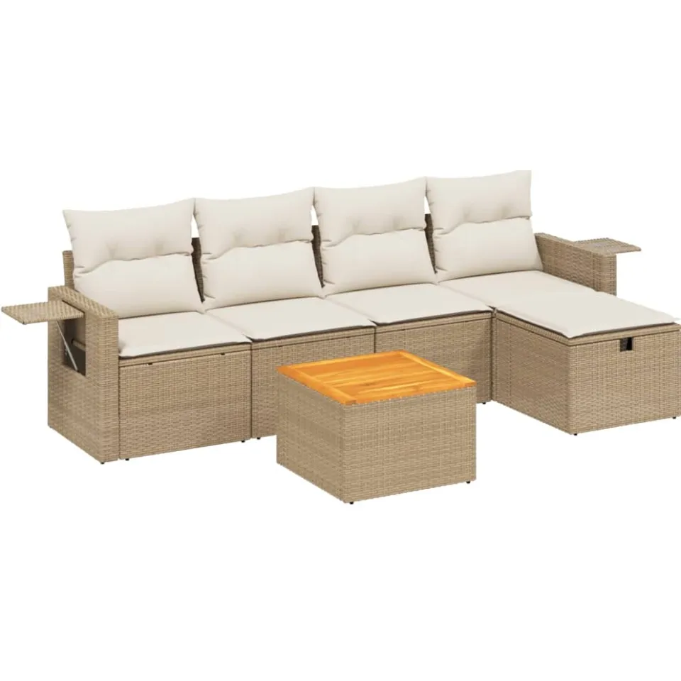 vidaXL 6-delige Loungeset met kussens poly rattan beige, foto 3