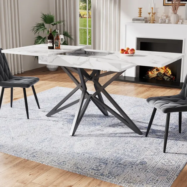 Sweiko Uitschuifbare Eettafel - 120 (160) x 80 cm - Stervormige poten - Marmerlook - Wit