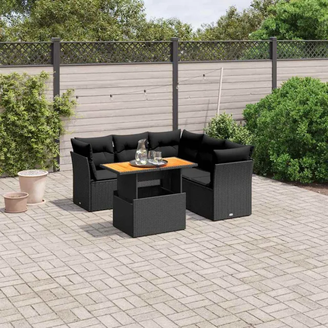 vidaXL 5-delige Loungeset met kussens poly rattan zwart, foto 2