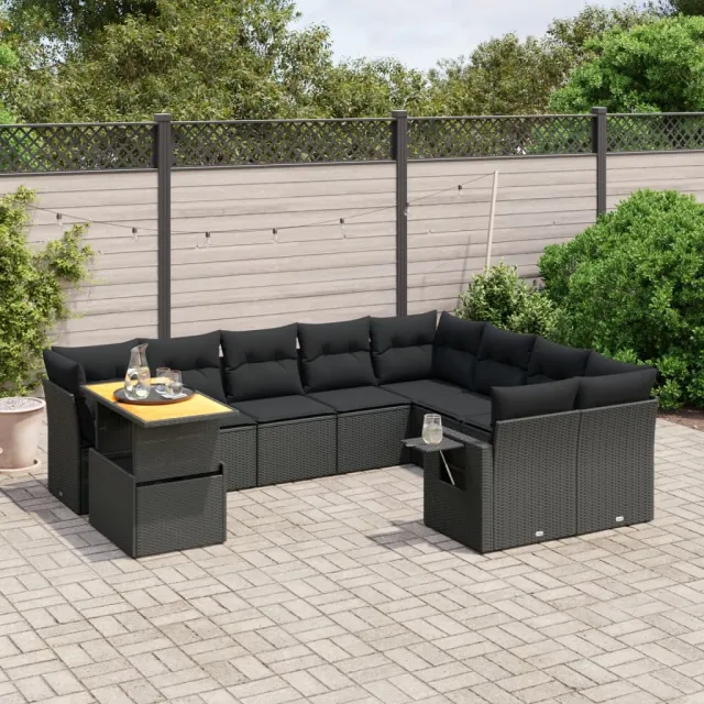 vidaXL 10-delige Loungeset met kussens poly rattan zwart, foto 2