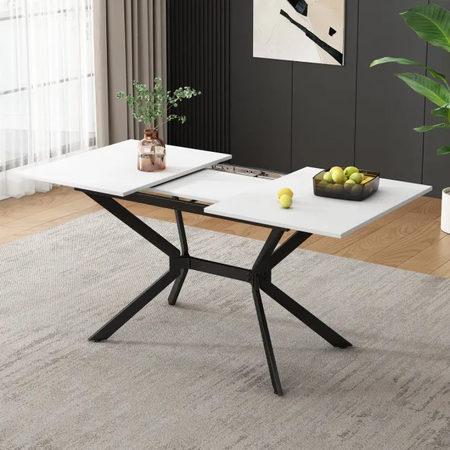 DESMIU Eettafel - Uitschuifbaar Ontwerp - Voor 4 Tot 6 Personen - Wit MDF Met Zwarte Metalen Poten - 120 Tot 160 X 80 Cm wit&zwart