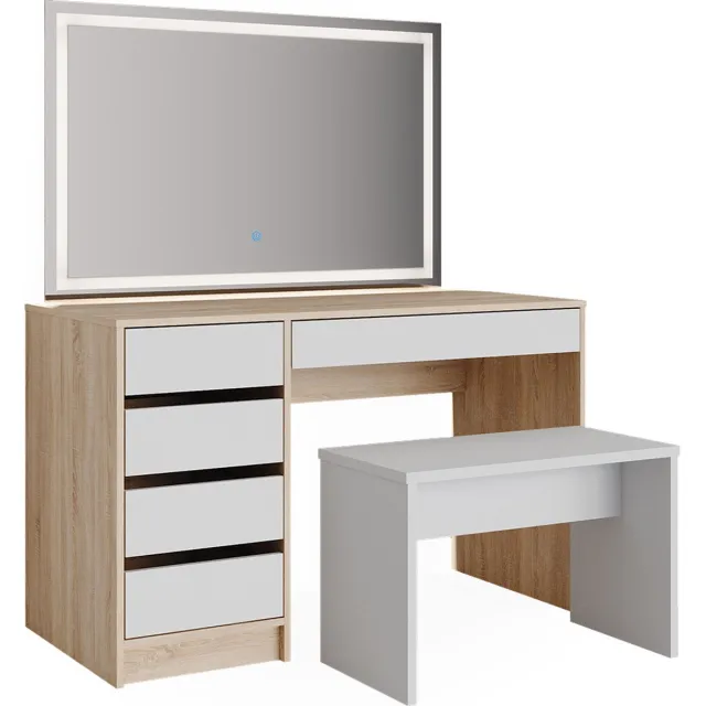 Vicco Kaptafel set met kruk Sherry, Wit/Sonoma, 120 cm met LED-spiegel en bankje