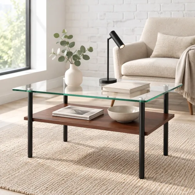 OKWISH Salontafel - Rechthoekig Met Glazen Blad En Opbergplank - Voor Woonkamer En Ontvangstruimte - 97,7x57,7x45 cm - MDF+Metaal - Zwart+Bruin