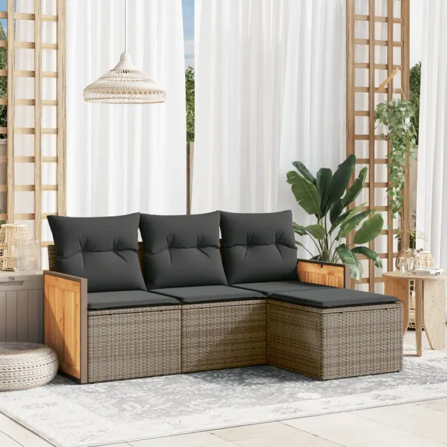 vidaXL 4-delige Loungeset met kussens poly rattan grijs, foto 2