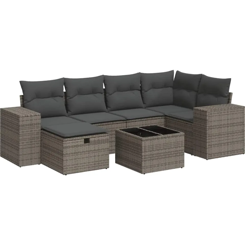 vidaXL 7-delige Loungeset met kussens poly rattan grijs, foto 3