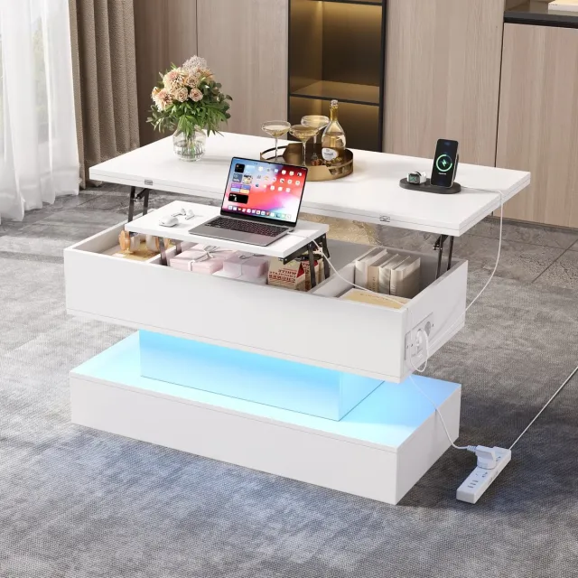 Clruro Salontafel - 100x50x51.5cm - Multifunctionele Lift Salontafel USB-C USB LED - Stopcontact Opbergruimte - Hoogglans - Wit