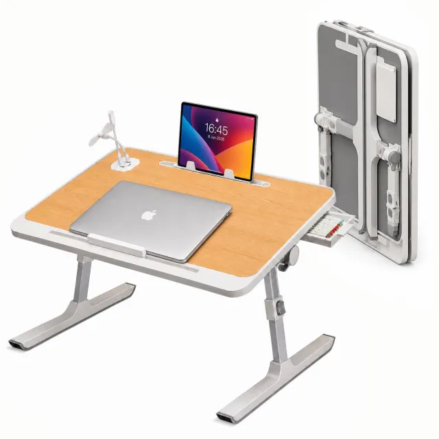 AIMASON Verstelbare Bedtafel 60×40 cm Opvouwbare Laptoptafel met USB Lade & Boekenrek – In Hoogte Verstelbaar 27–40 cm – Draagkracht 40 kg – Inclusief USB Leeslamp & Ventilator – Ontbijttafel Werktafel Leesplank – Houtlook Naturel – Voor Bed & Bank