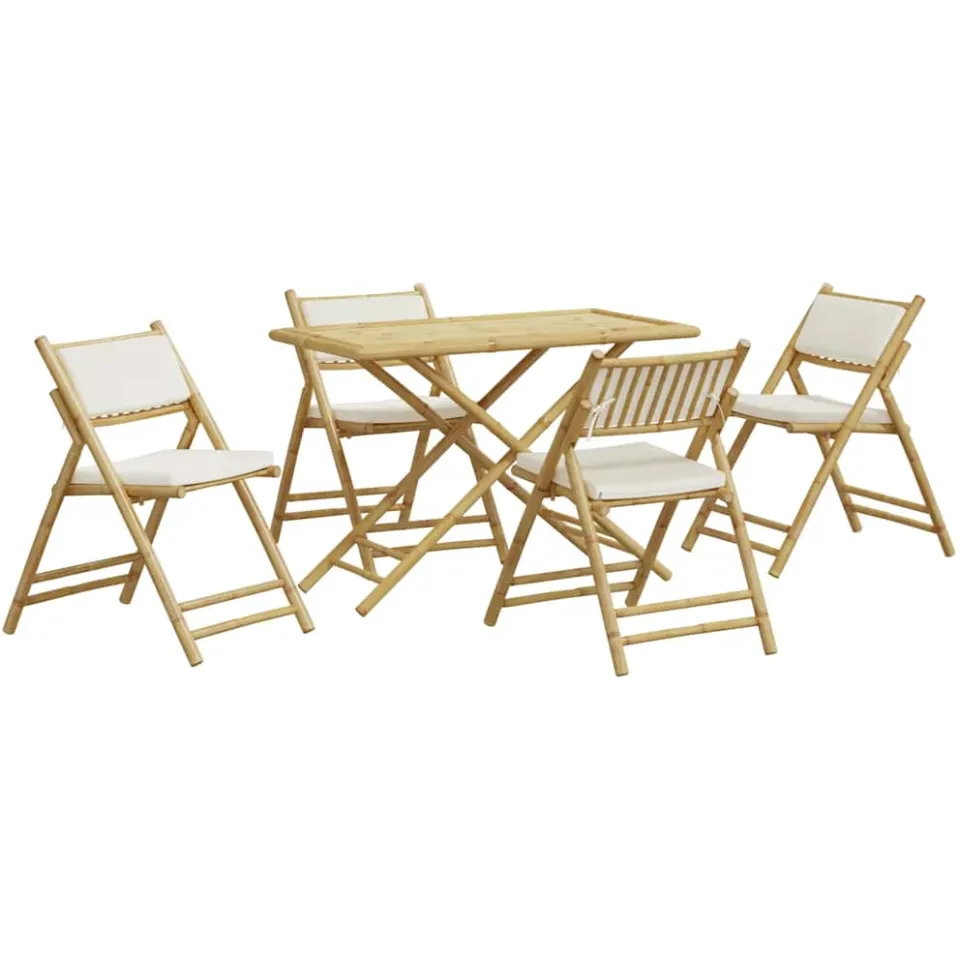 vidaXL 5-delige Bistroset inklapbaar met kussens bamboe crèmewit, foto 3