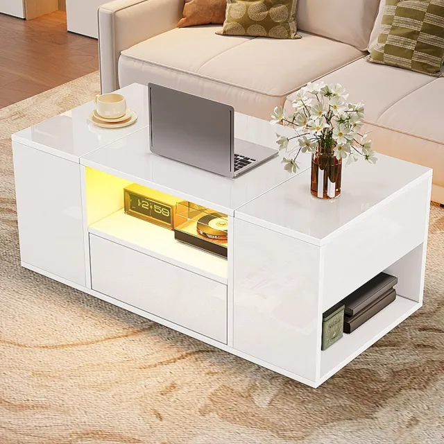 Sweiko Salontafel - Met lade - LED-verlichting - Hoogglans - 6 opbergvakken - Wit