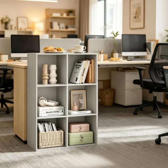 FloraGrace Boekenkast – 6 Vakken – 59,6 x 89 x 29 cm – Houtmateriaal Met Fineer – Grijs – Open Opbergkast Voor Woonkamer Of Kantoor