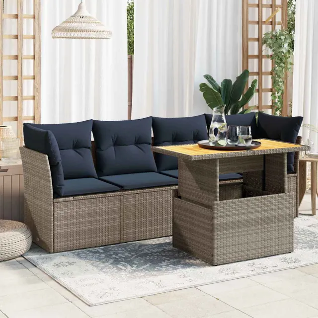vidaXL 5-delige Loungeset met kussens poly rattan grijs, foto 2