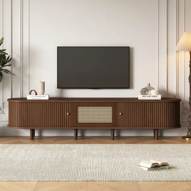 Merax Ovale TV-meubel 180 x 40 x 40 cm - donker notenhout - rieten ontwerp - verstelbare voeten Kastanjebruin
