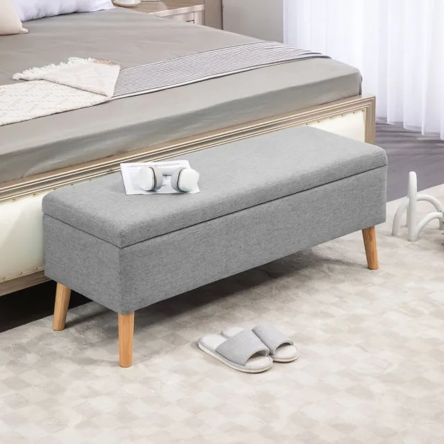 MEUNIQ zitbank met opbergruimte 110 x 39 x 45 cm, grijze gestoffeerde opbergbank met linnenlook, houten poten, Scandinavische bank voor hal slaapkamer woonkamer Grijs