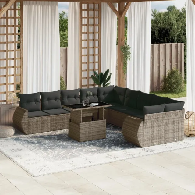 vidaXL 11-delige Loungeset met kussens poly rattan grijs, foto 2
