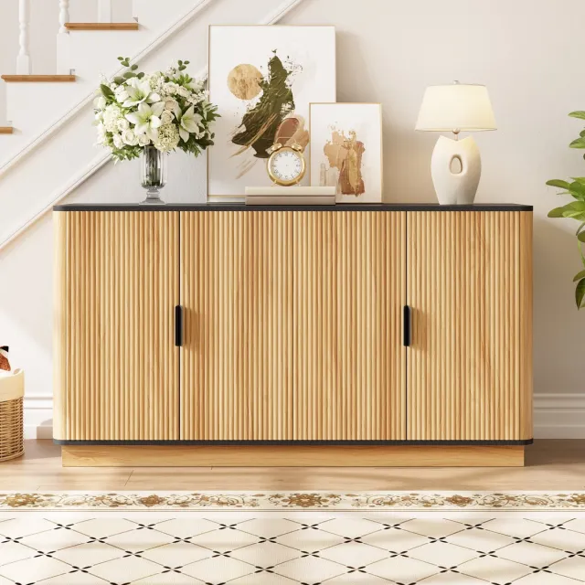 VVBV Dressoir – Buffetkast met Opbergruimte – Hout – Natuurlijk Hout – Voor Woonkamer, Eetkamer en Hal – Sideboard – 4 Deuren – Hoogglans Naturel