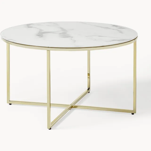 Westwing Collection Ronde salontafel Antigua met glazen tafelblad in marmerlook Wit, Goudkleurig