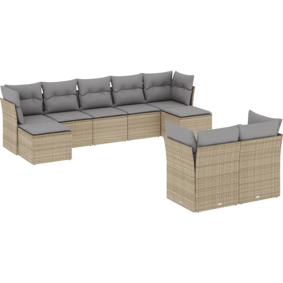 vidaXL 9-delige Loungeset met kussens poly rattan beige