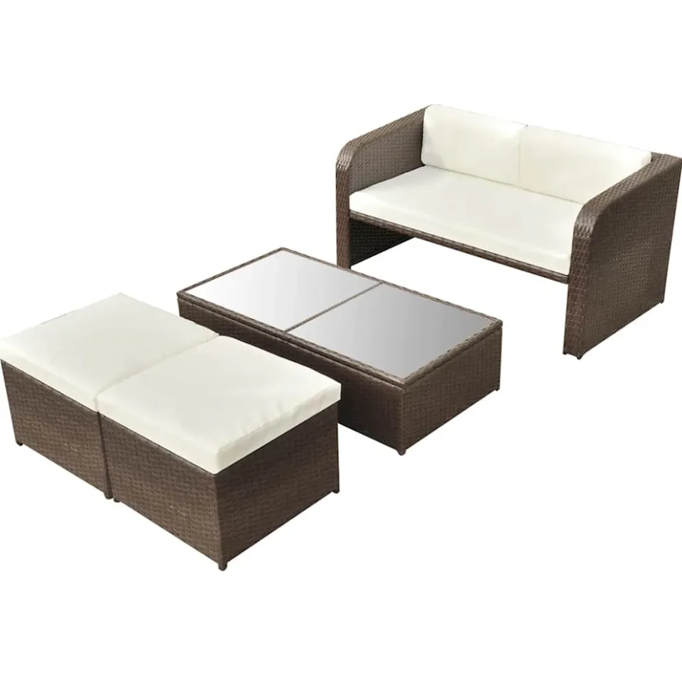 vidaXL 4-delige Loungeset met kussens poly rattan bruin, foto 2