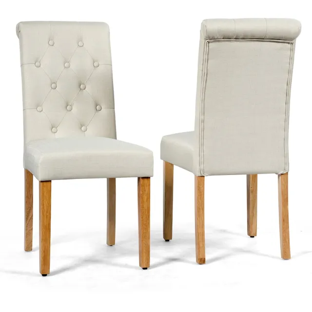 Costway Set van 2 eetkamerstoelen, keukenstoel met rubberen houten poten, gestoffeerde stoel met hoge rugleuning, bijzetstoel, accentstoelen, tot 150 kg belastbaar, voor eetkamer (beige)