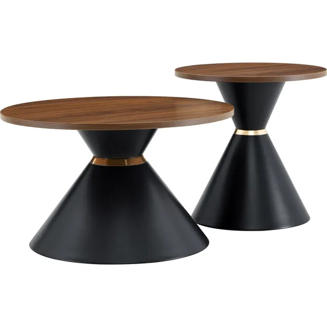 Ropilly Ronde Salontafel Set van 2 - Walnoot Look en Zwart Metaal - Ruimtebesparend - Woonkamer Notenhout + zwart
