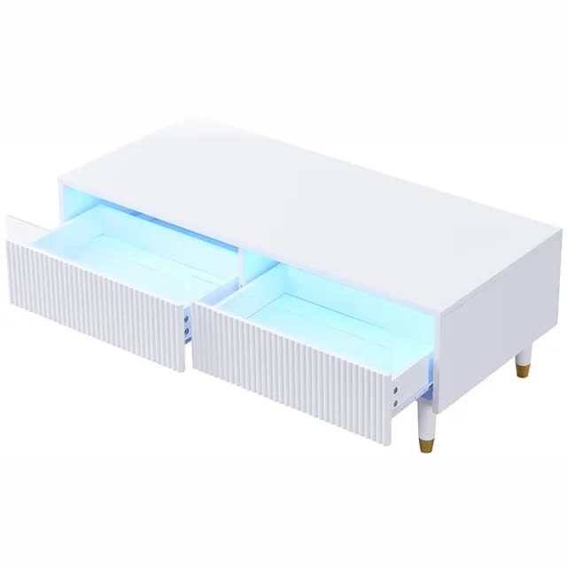Merax Moderne Witte Salontafel met Ledverlichting en 2 Lades – Geribbelde Fronten – 110 x 50 x 40 cm