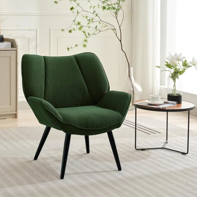 HOERFURIY Moderne accentstoel van corduroy – Gestoffeerde fauteuil – Brede, uitlopende armleuningen – Stevige metalen poten – Brede, comfortabele zitting – Groen