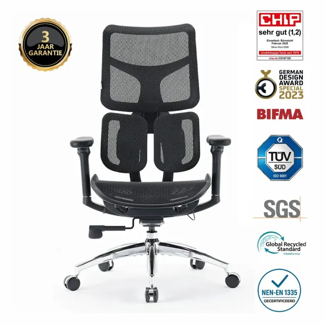 Sihoo Doro S100 Ergonomische Bureaustoel - Dubbele Dynamische Lendensteun & 5-Voudig Verstelbare Rugleuning - 4D Gecoördineerde Armleuningen - Verstelbaar Zitkussen - BIFMA/SGS Gecertificeerd - Geschikt voor 150-190cm - 78x63x124cm —— zwart