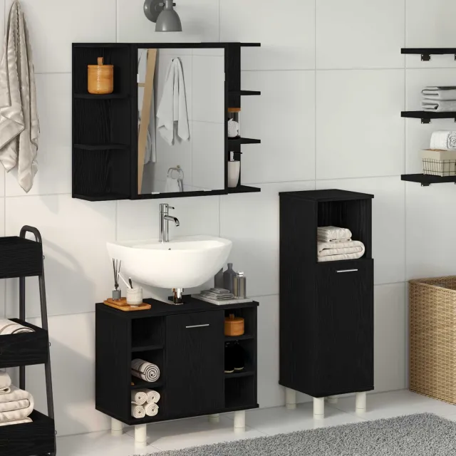 vidaXL Badkamermeubelset 3 st Zwart 30 x 30 x 99,5 cm Bewerkt hout, foto 2