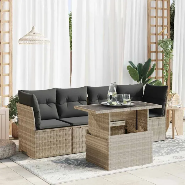 vidaXL 5-delige Loungeset met kussens poly rattan lichtgrijs grijs, foto 2