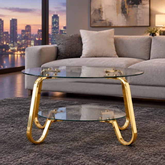 MEUNIQ ronde salontafel 80 x 80 x 45 cm met twee transparante glazen bladen, goudkleurig metalen frame en open opbergruimte voor de woonkamer