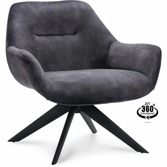 Icon Living Fauteuil Hero - Draaibaar - Velours Adore Anthracite - Poot Zwart Grijs