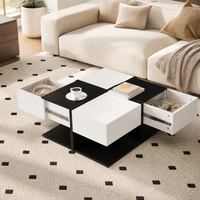 CHICFURN Salontafel - 2 lades - Opbergruimte - Vierkant - Zwart wit