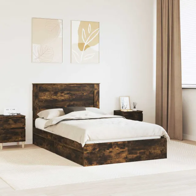 vidaXL Opslag bed met lade Gerookt eiken 135 x 190 cm Bewerkt hout Bruin