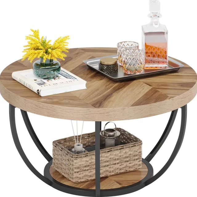 Tribesigns Salontafel - Rond 80CM - Bijzettafel - Tafel - Sidetable - Houtnerf en zwart - MDF-Plaat & Metaal